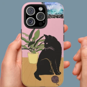 Robuste Boho-Handyhülle rosa mit schwarzer Katze und Pflanze für iPhone & Samsung Galaxy - Bild 1 von 108