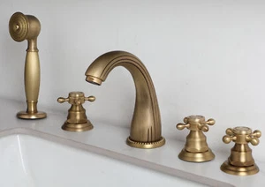 5PCS Bathtub Tap Handheld Shower Head Kits Deck Mount Tub Filler Antique Brass - Picture 1 of 14