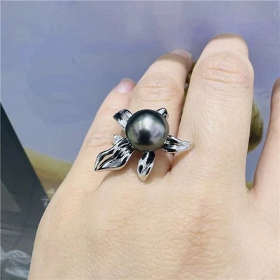 Impresionante Anillo Perla Verde Negro Redondo Tahitiano 9-10mm 925s(T) Foto 1 de 3
