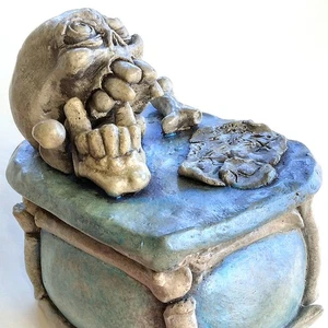 Collectible Ornamental Pirate Skull & Bones Trinket Box, Handmade in Cast Stone - Picture 1 of 18