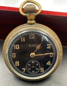 VINTAGE ELGIN NATIONAL WATCH CO POCKET WATCH MILITARY USA 1940'S BLACK 52MM BIG - Picture 1 of 24