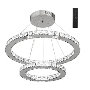 HOMCOM LED Chandelier 2 Crystal Ring Pendent Ceiling Light Remote control 216 - Picture 1 of 3