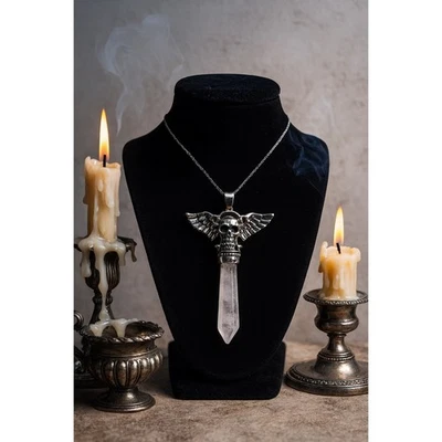 Collar Colgante Punta Cristal Cuarzo Rosa Ala Calavera Joyería Gótica #4 Foto 1 de 3