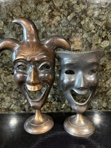 Metal Masks Theatre Comedy  on Stand Pair Happy Faces - Picture 1 of 6