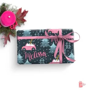 Pink Christmas Car in Winter Snow w/ Name Personalized Gift Wrapping Paper Roll - Picture 1 of 4