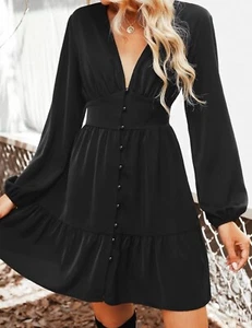Cupshe Black Mini Dress Button Loop Plunging V-Neck, New w/ Tags, Size M - Picture 1 of 7