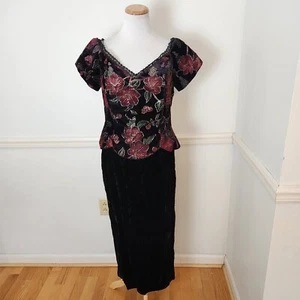 Vintage Scott McClintock Dress Sz 14 Womens Crushed Velvet Floral Midi Black Red - Picture 1 of 16