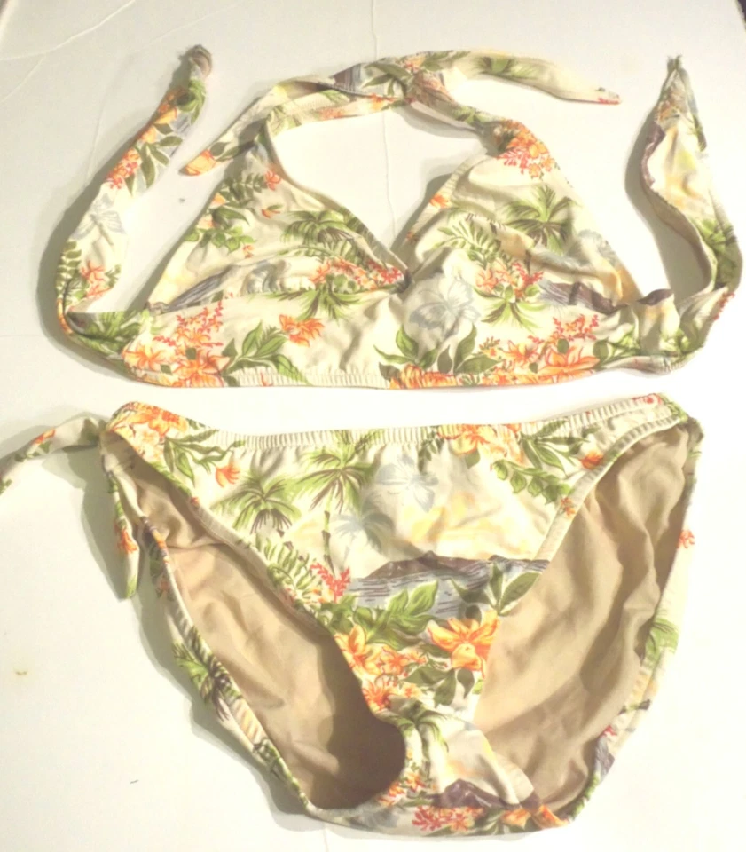 Traje de baño bikini halter estampado hawaiano marfil melocotones frescos S superior e inferior XL Foto 1 de 3