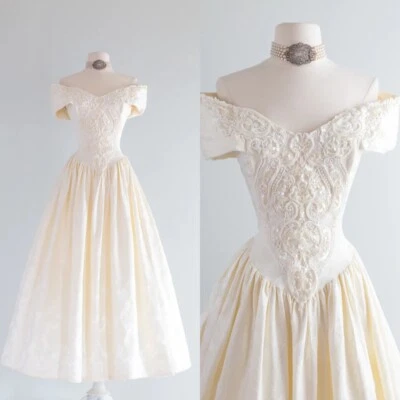 Vintage Champagne Wedding Dresses Off Shoulder Victorian 1960s Retro Ball Gowns - Image 1 of 4