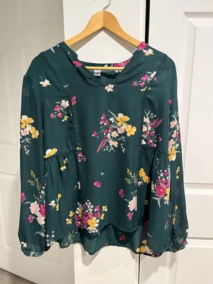 Old Navy 女式 L 恤绿色花卉雪纺上衣长袖透明 Cottagecore — 第 1/4 张图片