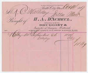 1889 H.A. D'ARCHEUL Druggist Butte Montana Billhead  - Picture 1 of 2