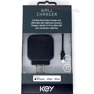 KEY Dual Wall Charger Adapter MFi Certified Lightning Cable iPhone 11 XR XS 7 8 - Image 1 of 2