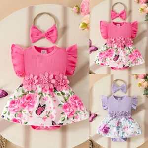 2PCS Newborn Baby Girls Floral Bowknot Ruffle Frill Bodysuit Romper Dress Set - Picture 1 of 16