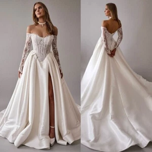 Beach Boho Lace Long Sleeves Wedding Dresses Off the Shoulder Satin A Line - Foto 1 di 11