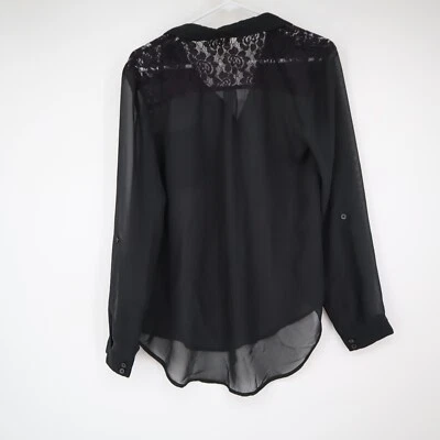 Kirra | Black Lace Chiffon Blouse Button Shirt Sz Large Roll Tab Sleeve  - Image 1 of 4
