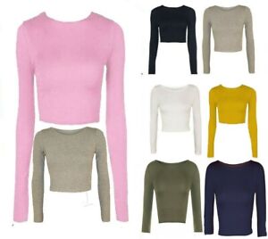New Women Ladies Plain Long Sleeve Crop Top Plain T-shirt Short Stretch Top 8-14