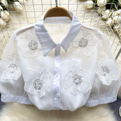 Donna Floreale Pizzo Camicia Camicetta Top Manica Corta Semi Trasparente Bottoni - Immagine 1 di 4