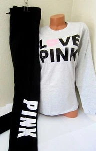 BLING Victoria Secret Pink ORIGINAL SEQUIN HEART DOG TEE SHIRT JOGGER PANT M SET - Picture 1 of 9