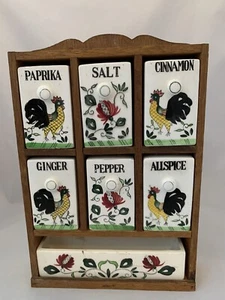 Estante de especias gallo de madera vintage 6 cocteleras cerámicas pintadas a mano Japón - Imagen 1 de 12