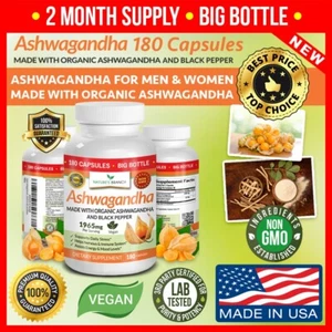 ✅ Organic Ashwagandha with Black Pepper - 180 Capsules For Stress Relief & Mood - Picture 1 of 9