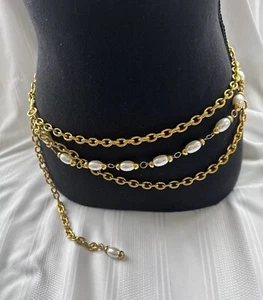 VTG Triple Gold Color Chain Belt Faux Oval Pearls Waist Beads Costume Necklace - Picture 1 of 23