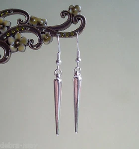 Silver Spike Dangly 2" Drop Earrings - Gothic Punk Rock Chick - Picture 1 of 3