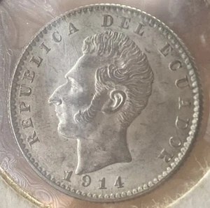ECUADOR 2 DECIMOS De Sucre 1914 Moneta Argento Filadelfia Alta Qualità AU - Foto 1 di 2