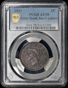 1843 Braided Hair Large Cent 1c PCGS AU58 Petite Head, Small Letters - Picture 1 of 3