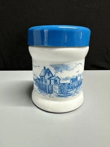 White Milk Glass Jar Canister Humidor With Blue Lid Lighthouse Sea Ocean - Picture 1 of 7