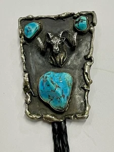 Vintage Bennett Navajo Sterling Silver and Turquoise Bighorn Sheep Ram Bolo Tie - Picture 1 of 10