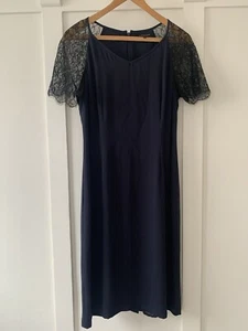 Jaeger Navy Shift Dress With Black Lace Sleeves V Neck - Picture 1 of 5