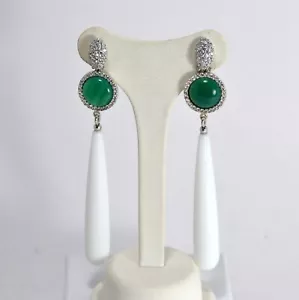 ORECCHINI IN ARGENTO 925 CON ZIRCONI AGATA VERDE PENDOLI AGATA BIANCA AGHT 0714 - Foto 1 di 3