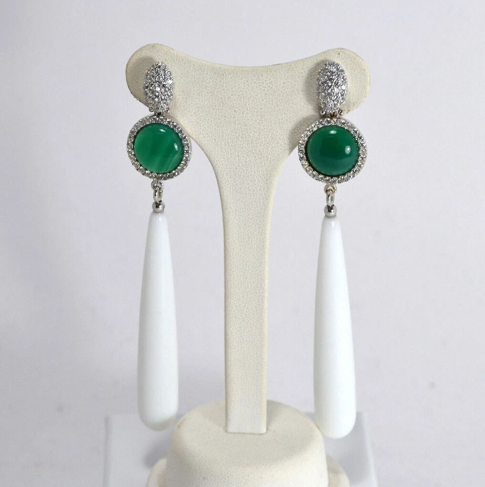 ORECCHINI IN ARGENTO 925 CON ZIRCONI AGATA VERDE PENDOLI AGATA BIANCA AGHT 0714 - Immagine 1 di 3