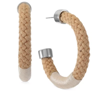 ALFANI SILVER-TONE BROWN BRAIDED ROPE C-HOOP 1 1/2" EARRINGS NWT BRAND NEW - Image 1 of 4