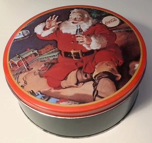Vintage SANTA COCA-COLA Christmas Collectible Red 1986 Tin Can Round 8" X 3" - Picture 1 of 5