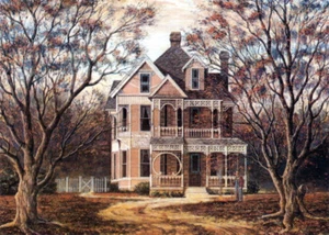 Victorian Gingerbread Queen Anne Autumn Fall Leaves Grandpa Art SIGNED Souders  - Picture 1 of 1