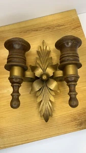 Vintage Homco Wood & Metal Double Candle Holder Wall Sconce MCM 1970's GUC - Picture 1 of 5