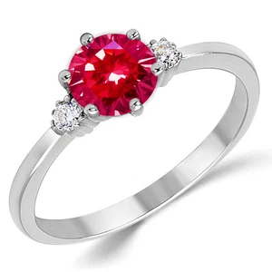 14K Solid White Gold Lab Created Ruby Three Stone Engagement Ring - Picture 1 of 4