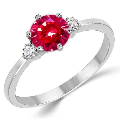 14K Solid White Gold Lab Created Ruby Three Stone Engagement Ring - Image 1 of 4