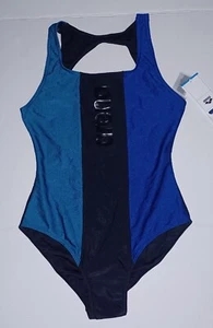 WOMEN'S ARENA GALAPAGOS One Piece Swimsuit SIZE 40 Large BLACK BLUE - Picture 1 of 2