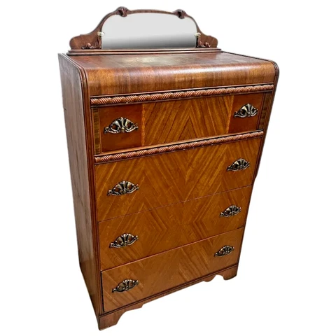 Gorgeous Art Deco Highboy Dresser Waterfall top Mirror Four drawers Brass Pulls Cover
