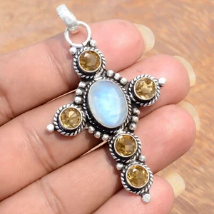 Colgante de diseño de cruz unisex de plata de ley 925 con piedras preciosas de luna y citrino - Imagen 1 de 8