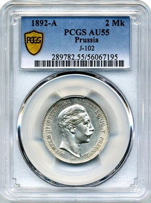 1892-A Prussia German States 2 Marks, Choice AU, PCGS AU55, Low Mintage Key Date - Image 1 of 3