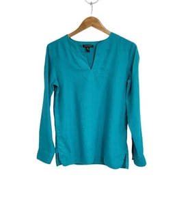 Lauren Ralph Lauren Turquoise Linen Popover V-Neck Roll Tab Tunic Top Medium - Picture 1 of 7