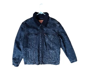 Levi’s Denim Sherpa Acid Wash Collared Trucker Jacket Size XL Black Light Wash - Picture 1 of 24