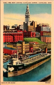 Erzboot verlässt Cleveland Hafen Cleveland Ohio Leinen Postkarte - Bild 1 von 4