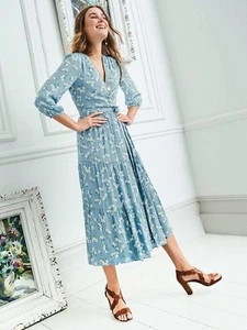 Boden Aurora Blue Floral Wrap Midi Dress Size 2 Petite - Picture 1 of 13