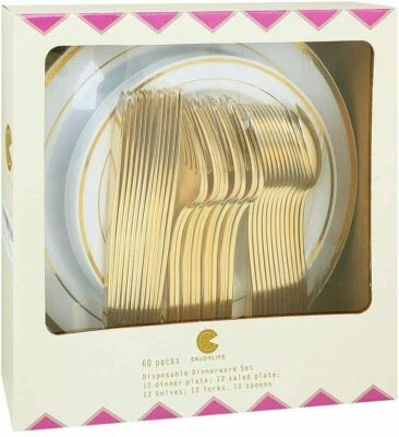 60 Party Gold Plates Gold Plastic Silverware Wedding Birthday Christmas - image 1 of 4