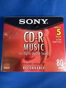 New Sealed Sony CD-R Audio Music 5 CDs Pack Recordable In Slim Jewel Cases - Afbeelding 1 van 6