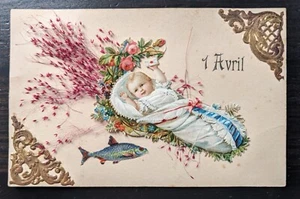 Schön verzierte Aprilscherz Fisch, Baby, Blumen antike Neuheit Postkarte - Bild 1 von 3